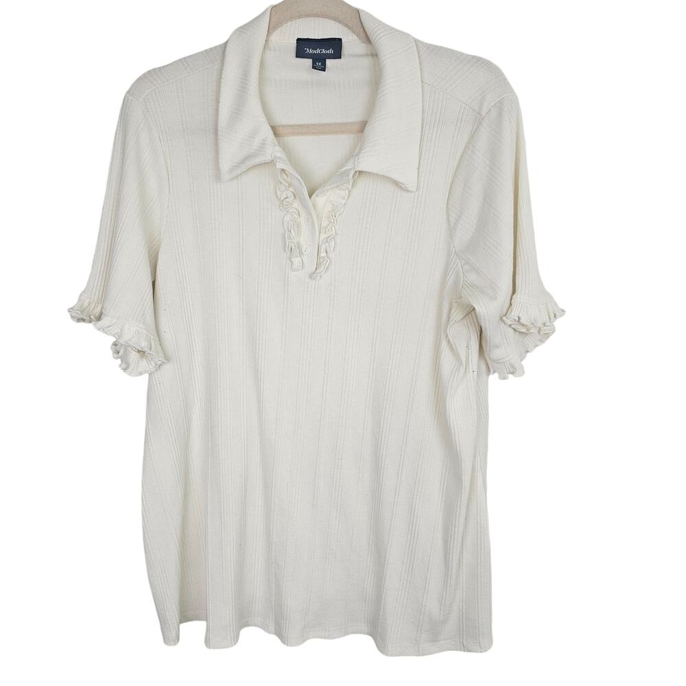 ModCloth Top Short Sleeve Polo Shirt Rib Knit Polo Casual Polo Shirt 1X Ivory